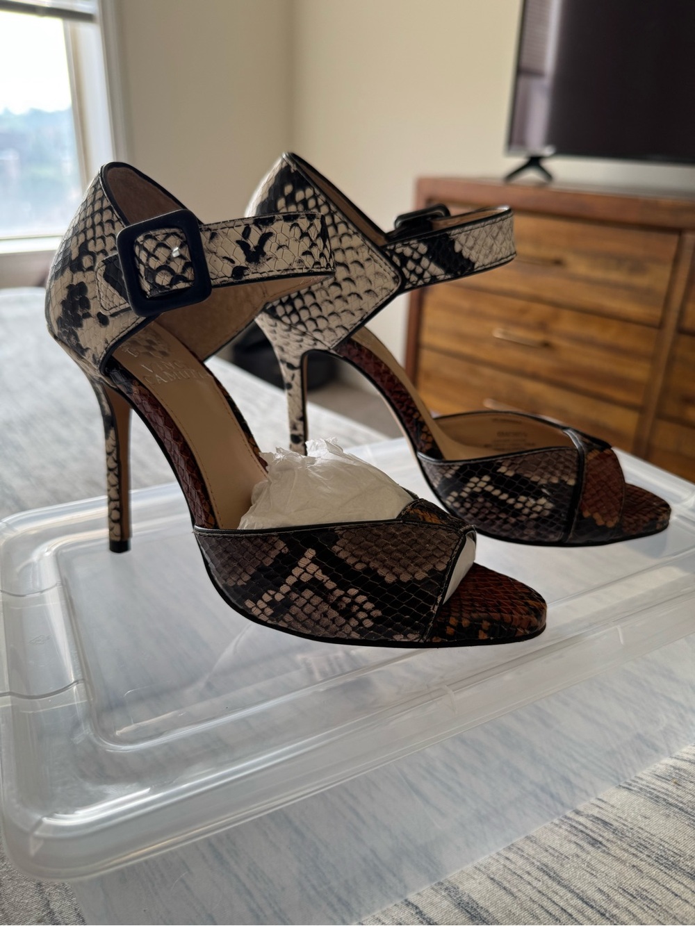 Vince Camuto Snake-Print Ankle Strap High Heels - Brown/Black/Cream